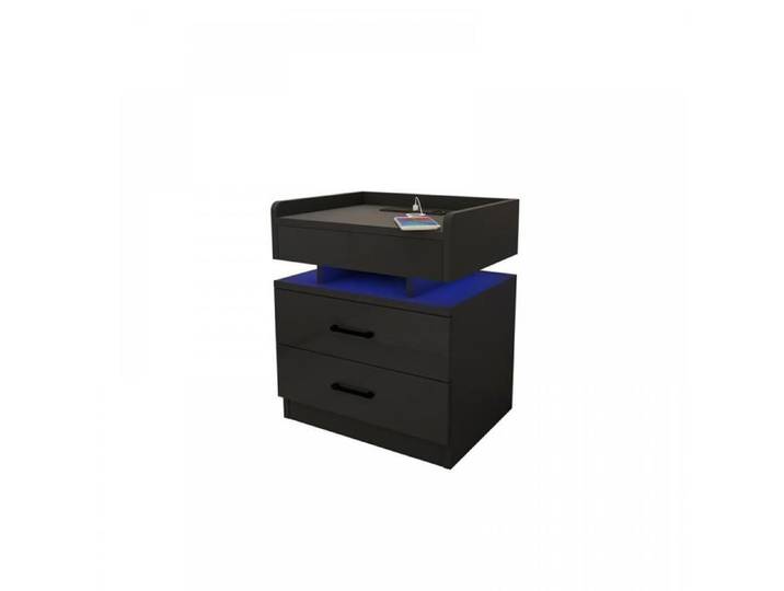 KEDIA Table de Chevet Noir Avec Station de Chargement 45x35x52cm Dispose de deux tiroirs Ruban LED de 1 m Chambre à Coucher
