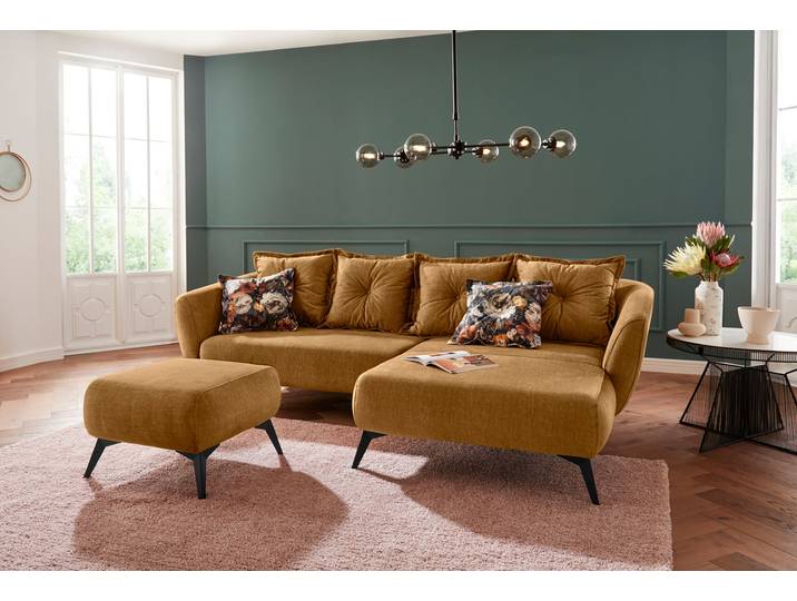 Ecksofa HOME AFFAIRE Baggio romantische Polsterecke, bequem, Breite 277 cm, L-Form , gelb, B:277cm H:80cm T:162cm, Sofas, Ecksofa, Zierkissen inklusive, schwarze Metallfüsse