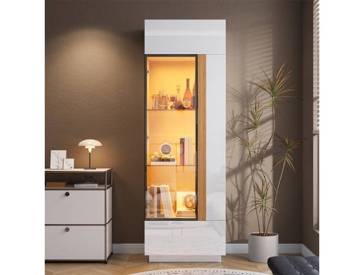 Vitrine Haute avec Porte en Verre - Éclairage LED - Vitrine de salon 60x40x180 cm - Façades Laquées Brillantes - Blanc