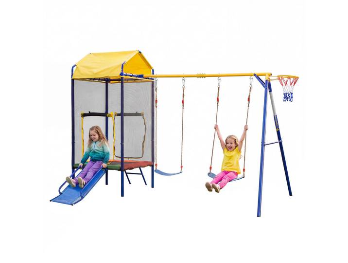 Flieks Schauckelset Kinder Spielturm Trampolin Rutsche Basketball, Mehrfarbig, Metall, 217x238x336 cm, Freizeit & Co, Gartenspielzeug