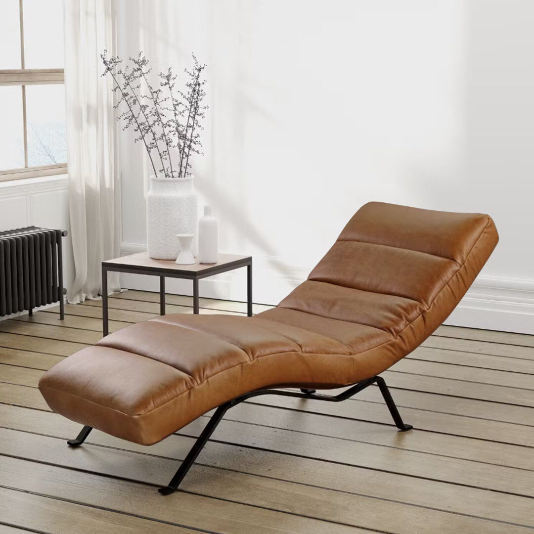 Ebern Designs Texas Chaise Lounge in Aniline-Leather with Adjustable Backrest Black/Light Brown 95cm H X 65cm W X 171cm L