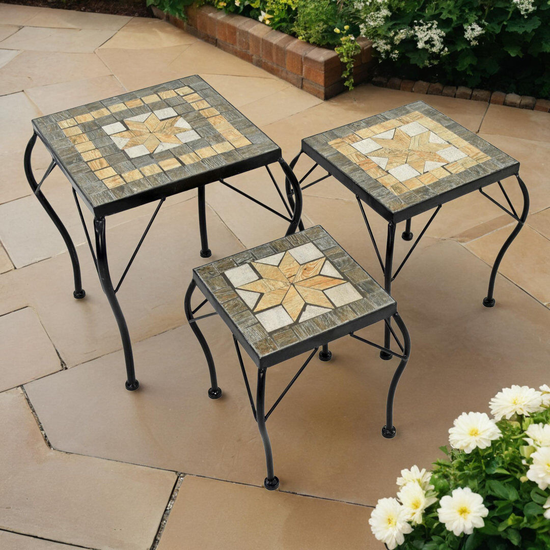 World Menagerie BRAVA 3 Piece Low SQUARE Plantstand Set Olive/Beige/White 35cm H X 28cm L X 28cm D