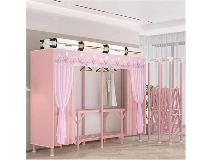 MmcdylyhEU Robuster tragbarer Kleiderschrank mit Abdeckung – Standgarderobe for Aufhängen von Kleidung, Faltbarer Organizer for die Aufbewahrung von Kleidungsstücken(Pink1,100x170x45cm)