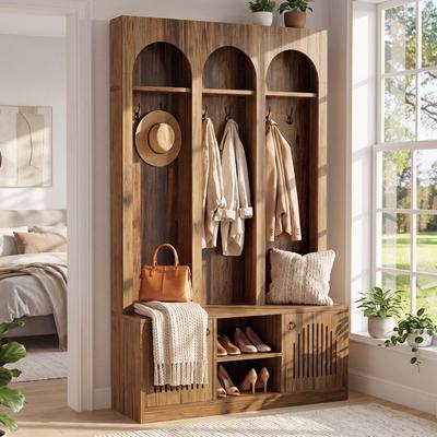 1Easylife "71"" Tall Hall Tree Entryway Coat Rack 3 Arch Shoe Storage Bench with Shoe Cabinets, Freestanding Hall Tree for Entryway Mudroom"