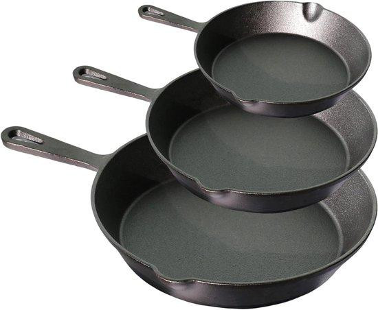 Set van 3 vooraf ingesealde gietijzeren koekenpannen voor veelzijdig koken
