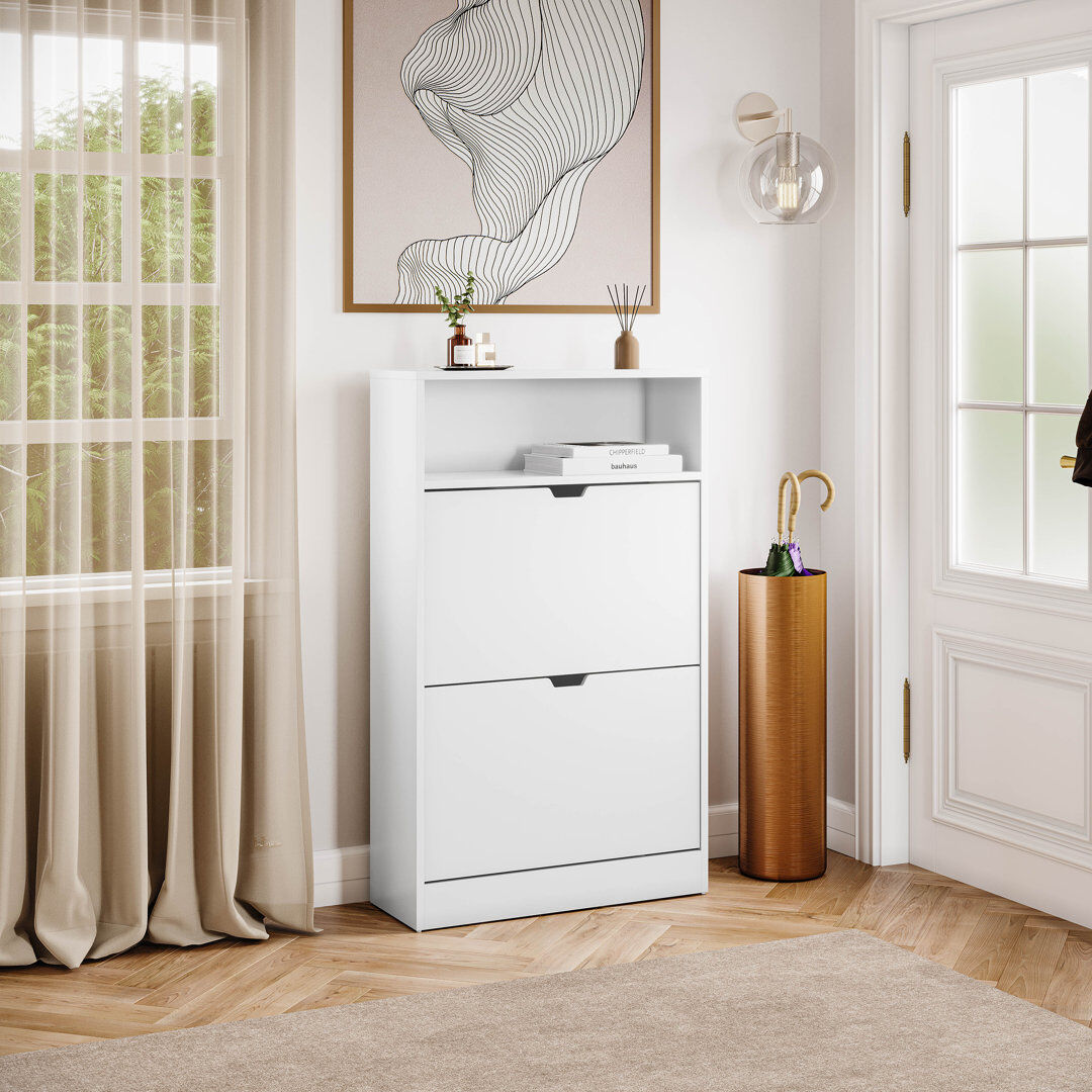 George Oliver 2 Drawer Shoe Cabinet with Open Shelf Modern Storage Furniture for Hallway Living Room Bedroom White