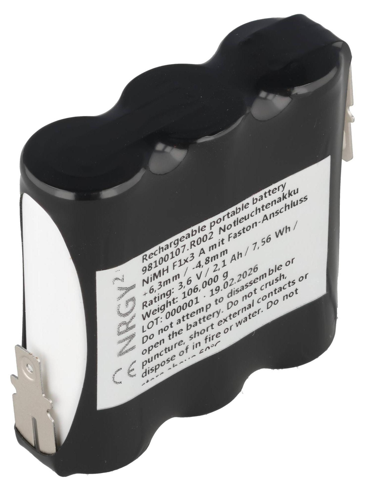 AccuCell Notlichtaccu NiMH, 3,6V, 2100mAh, type F1x3 A, met Faston-aansluiting