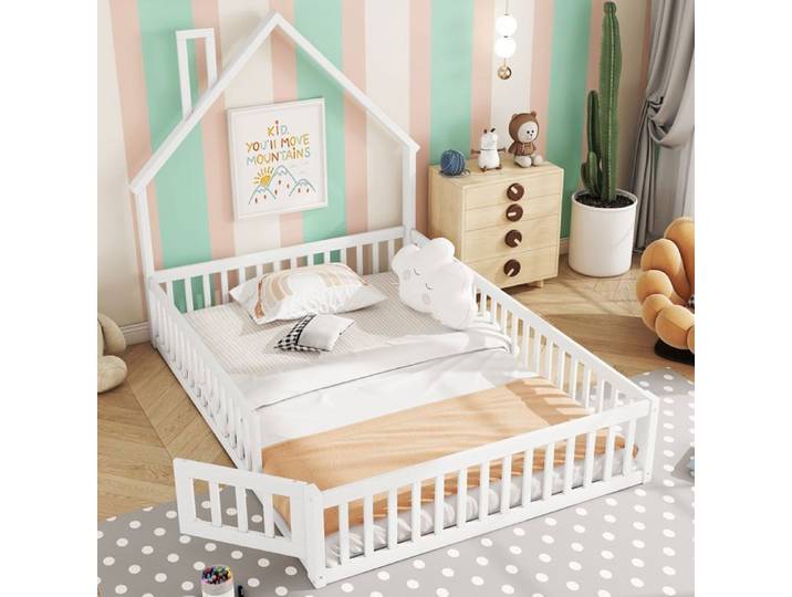 Lit enfant - Lit cabane - 140x200cm - Bois massif - Blanc - Avec sommier lattes