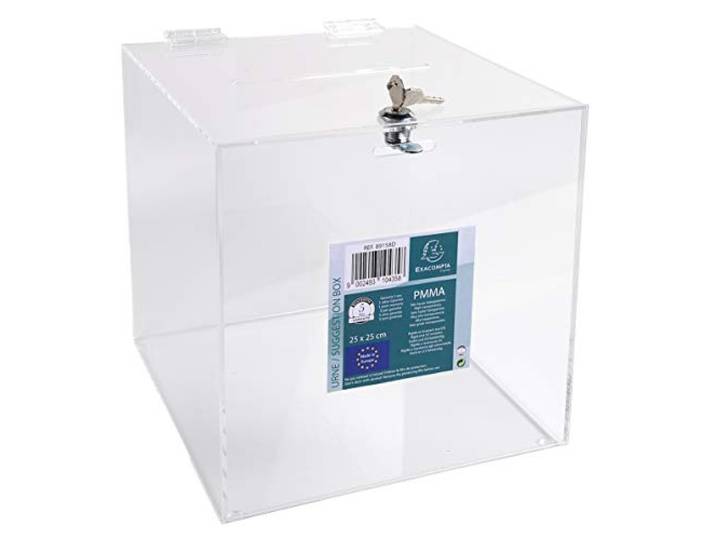 Exacompta - Réf. 89158D - 1 Urne transparente avec couvercle fermant à clé 25 cm - Dimensions 250 x 250 x 250 mm - PMMA (acrylique)scrutins\, concours\, tombolas\, dons\, boîte à idée - Couleur Cristal