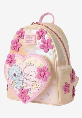 Women's Loungefly Disney Stitch & Angel Mini Backpack Heart Floral Love by Loungefly in Beige (Size ONE SIZE)
