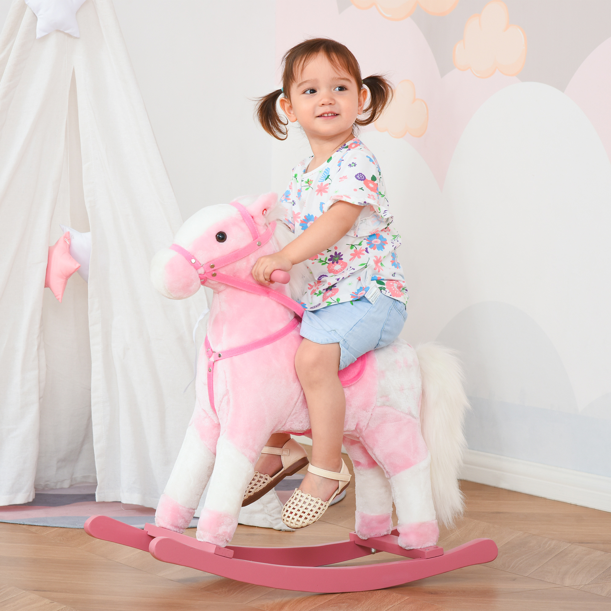 Homcom Cavallo a Dondolo Legno con Suono Animale Regalo Giocattolo per i Bambini 74 x 28 x 65cm Rosa Aosom
