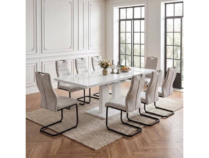 JIEXI Lot table de salle à manger extensible blanc brillant 8 chaises cantilever crème ensemble moderne salle à manger