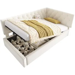 OKWISH Polsterbett L-Form Design mit hydraulischem Stauraum Eisenrohrrahmen Matratzenstopp schallabsorbierend Lattenrost 90x190 cm Beige