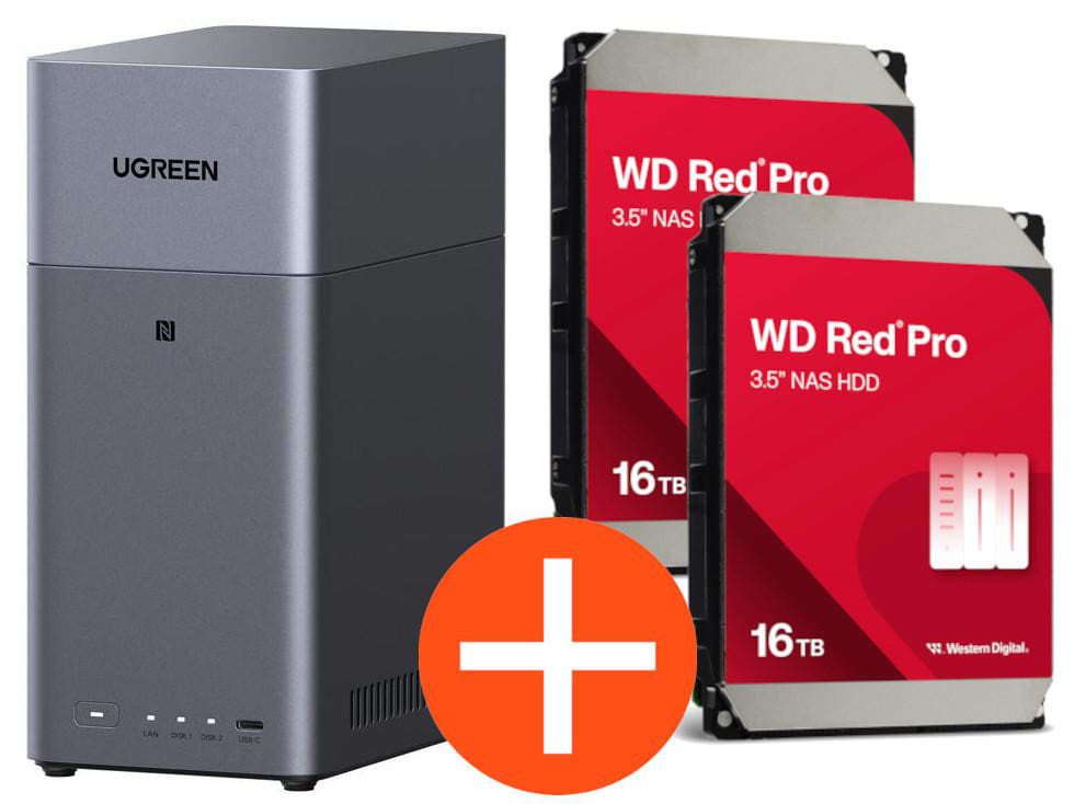 UGREEN NASync DH2300 NAS System 2-Bay 32TB inkl. 2x WD WD161KFGX NAS HDD - 16 TB DH2300 + 2x WD161KFGX