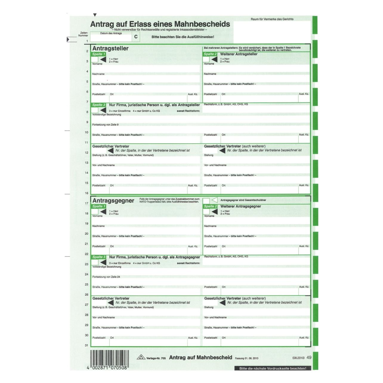 Rnk 25 RNK-Verlag Mahnbescheid für maschinelle Bearbeitung Formulare 705 (23354368)