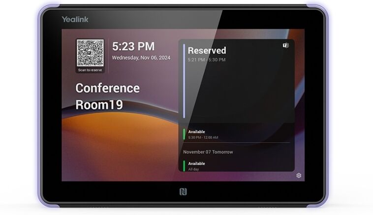 Yealink RoomPanel E2 Écran tout-en-un 8" Android 13 avec barre d’état LED, commande tactile et RFID/NFC pour la gestion des réservations de salle de