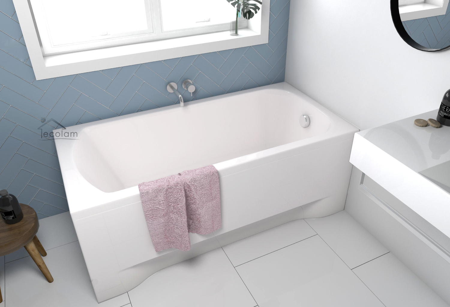 ECOLAM Badewanne Wanne Rechteck Classic Acryl weiß 150x70 cm +Schürze Ablaufgarnitur Ab- und Überlauf Automatik Füße Silikon