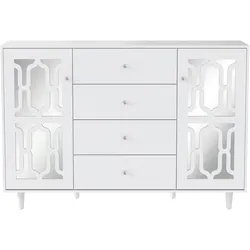 OKWISH Sideboard 147x40x102 cm mit 4 Schubladen und 2 Türen, Aufbewahrungsschrank mit Glasgriffen und Spiegeloberfläche, Weiß