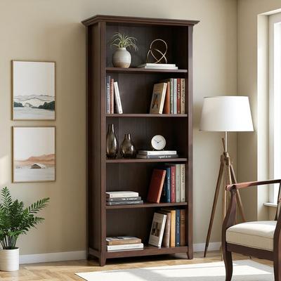 ZWYO HOSIMU "70"" Solid Wood 5-Tier Bookcase Storage Unit with 4 Adjustable Shelves, Tapered Legs & Crown Edge"