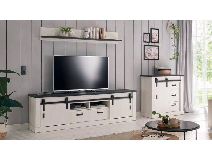 Möbel Akut Wohnwand Wohnwand Sherwood W2 Pinie weiß anthrazit mit soft-close, (3-St)