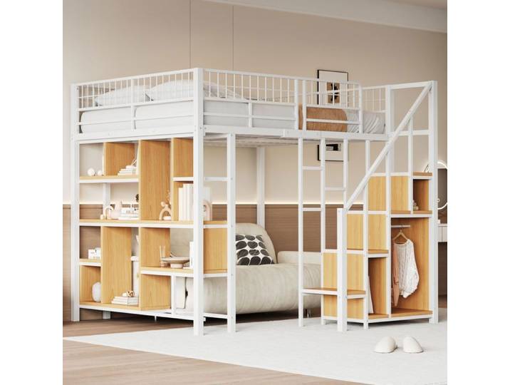 Lit enfant mezzanine 140x200 cm - Blanc - 2 places - Avec rangement - Style contemporain