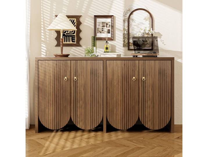 Buffet aspect noyer - 147x40x80cm - Avec 4 portes et étagères réglables - Armoire de rangement pour salon salle à manger et couloir