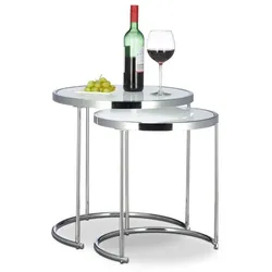 Relaxdays Satztische rund Milchglas Weiß,Silber
