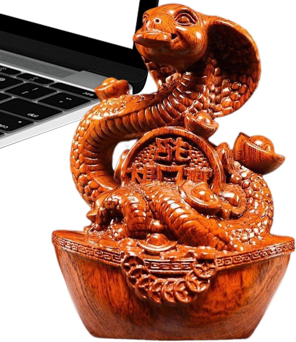 Houten Slangenbeeld - Traditioneel Decoratief Beeldje - Houtkleur - Hoogte: 8 cm