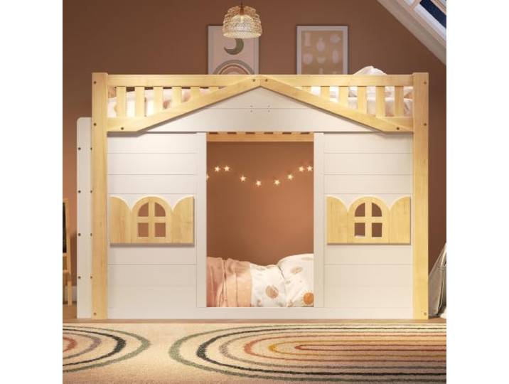 Aunvla Etagenbett, Hochbett, Kinderbett, Holzbett, Hausbett 90x200cm, Fenster-Form, darunter als Bett oder als Aktivitätsbereich genutzt, weiß+Naturfarbe