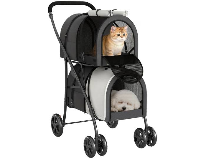 Poussette double pliable Pawhut pour chiens et chats avec 2 paniers amovibles avec ceinture et coussins 66X50X98Cm Gris foncé
