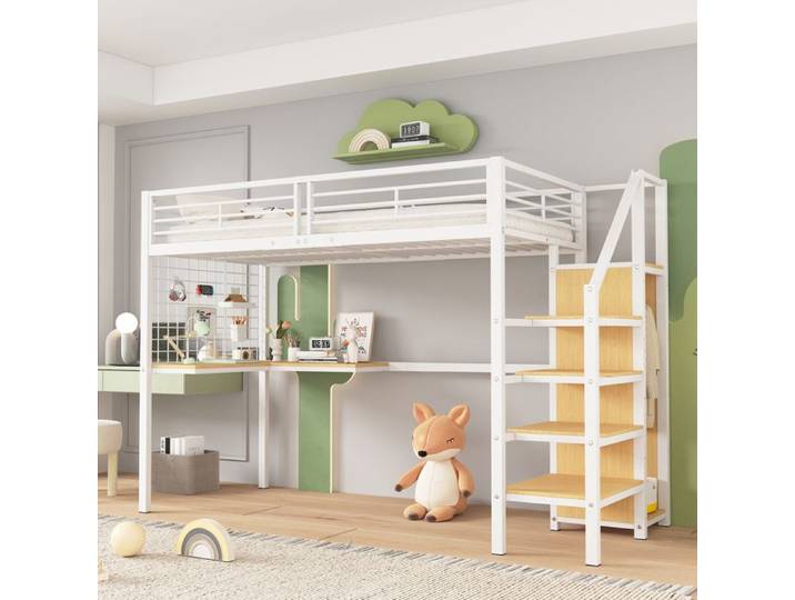Lit mezzanine 90x200cm avec bureau et penderie lit enfant avec bureau lit 1 personne blanc + naturel