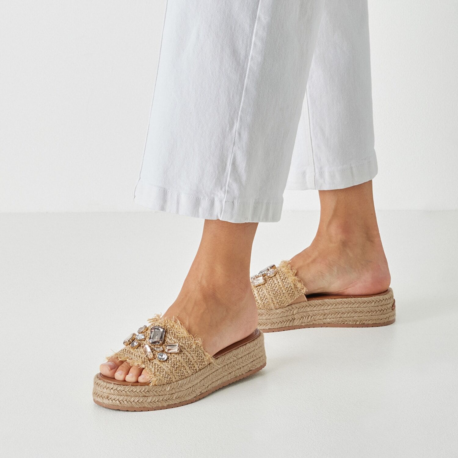 Pantolette TAMARIS, Damen, Gr. 38, Textil, beige, geflochten, Schuhe Pantolette, Plateau, Schlüpfschuh, Sommerschuh mit funkelnden Schmucksteine