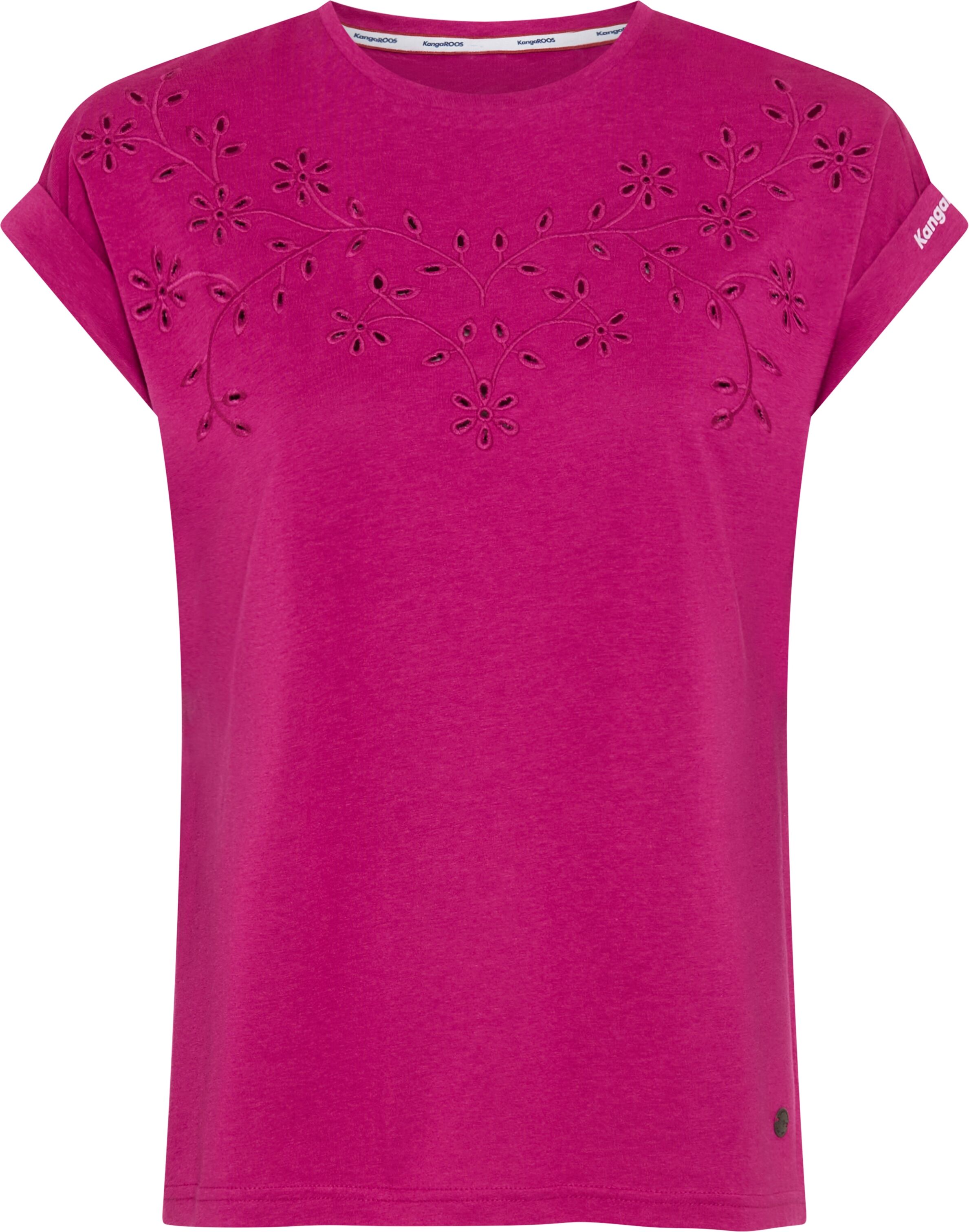 T-Shirt KANGAROOS, Damen, Gr. 40/42, lila (fuchsia), Single Jersey, Obermaterial: 50% Baumwolle, 50% Modal, figurumspielend hüftlang, Rundhals, angeschnitten Aufschlag, Shirts T-Shirt, mit Lockstickerei Detail am Halsausschnitt