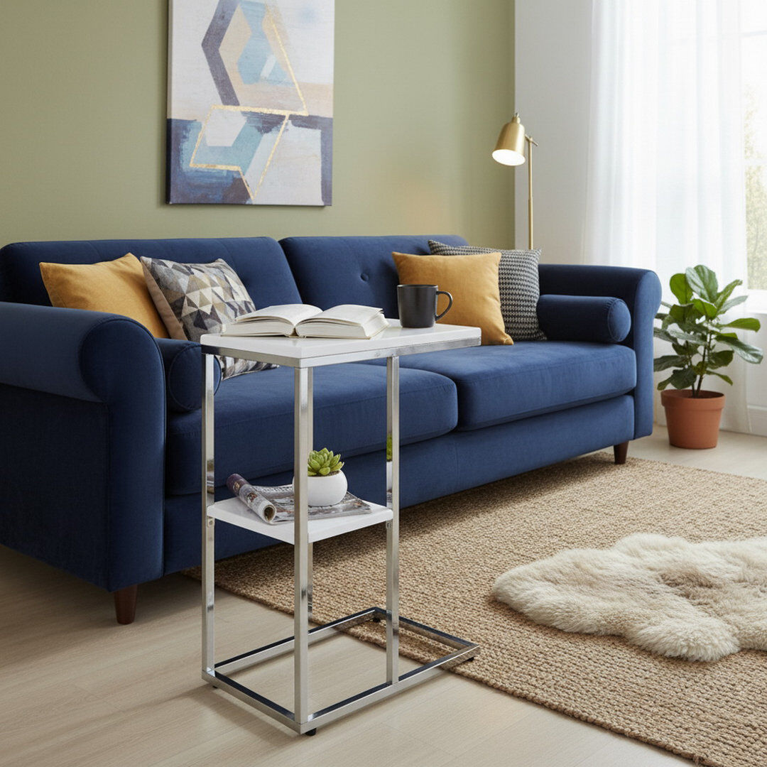 Metro C Shaped Table With Shelf-Black White 63.5cm H X 25.5cm W X 46cm D