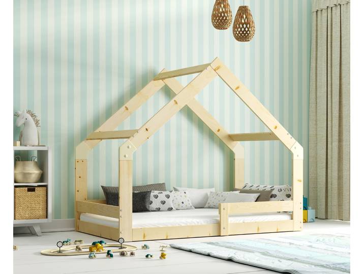 Massivholz Hausbett Natur 80x160 cm - Montessori Bodenbett für Kinder mit Rausfallschutz, stabiles Kinderbett aus Naturholz im skandinavischen Design