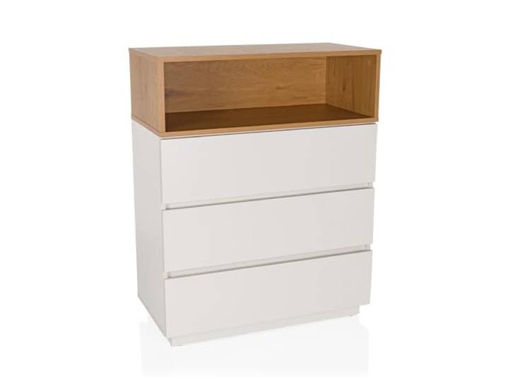 hjh LIVING Kommode mit 3 Schubladen, 1 offenes Fach MELMO K 80x40x100cm Highboard Schrank im skandinavischen Stil, griffloses Design, Weiß/Eiche