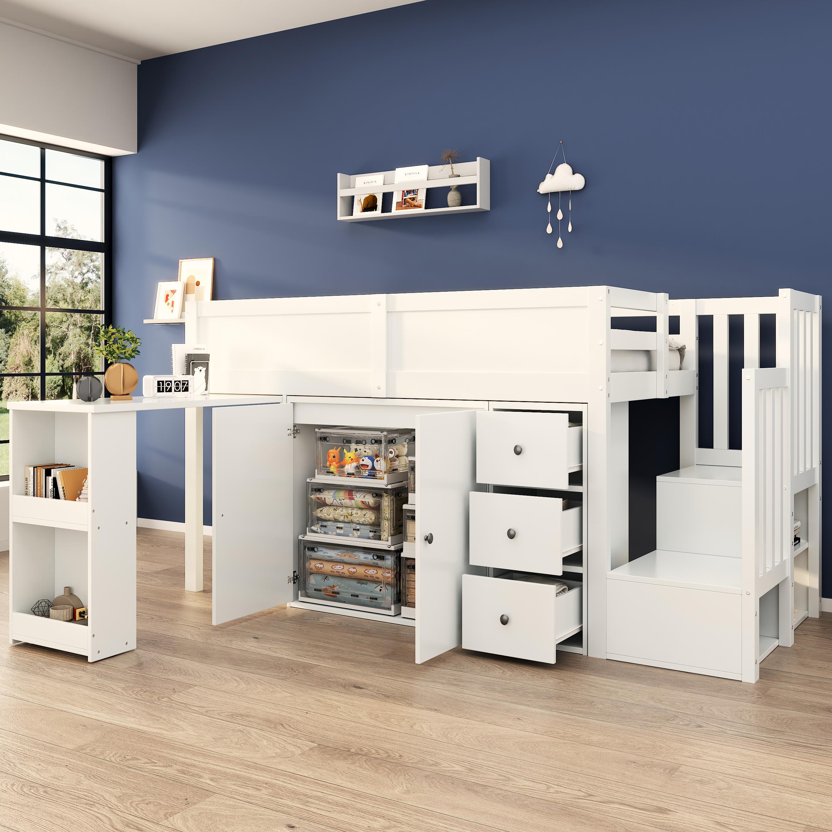 MODFU Kinderbett,Hochbett Jugendbett 90x200cm Multifunktionales Kinderbett, mit Ausziehbarem Schreibtisch mit Schrank und Schublade, mit Treppe und Treppenschrank, mit matratze, Weiß
