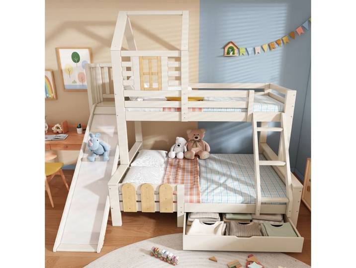 ROVRYN Lit superposé cabane enfant 90x200 et 140x200 avec toboggan échelle tiroir blanc et naturel