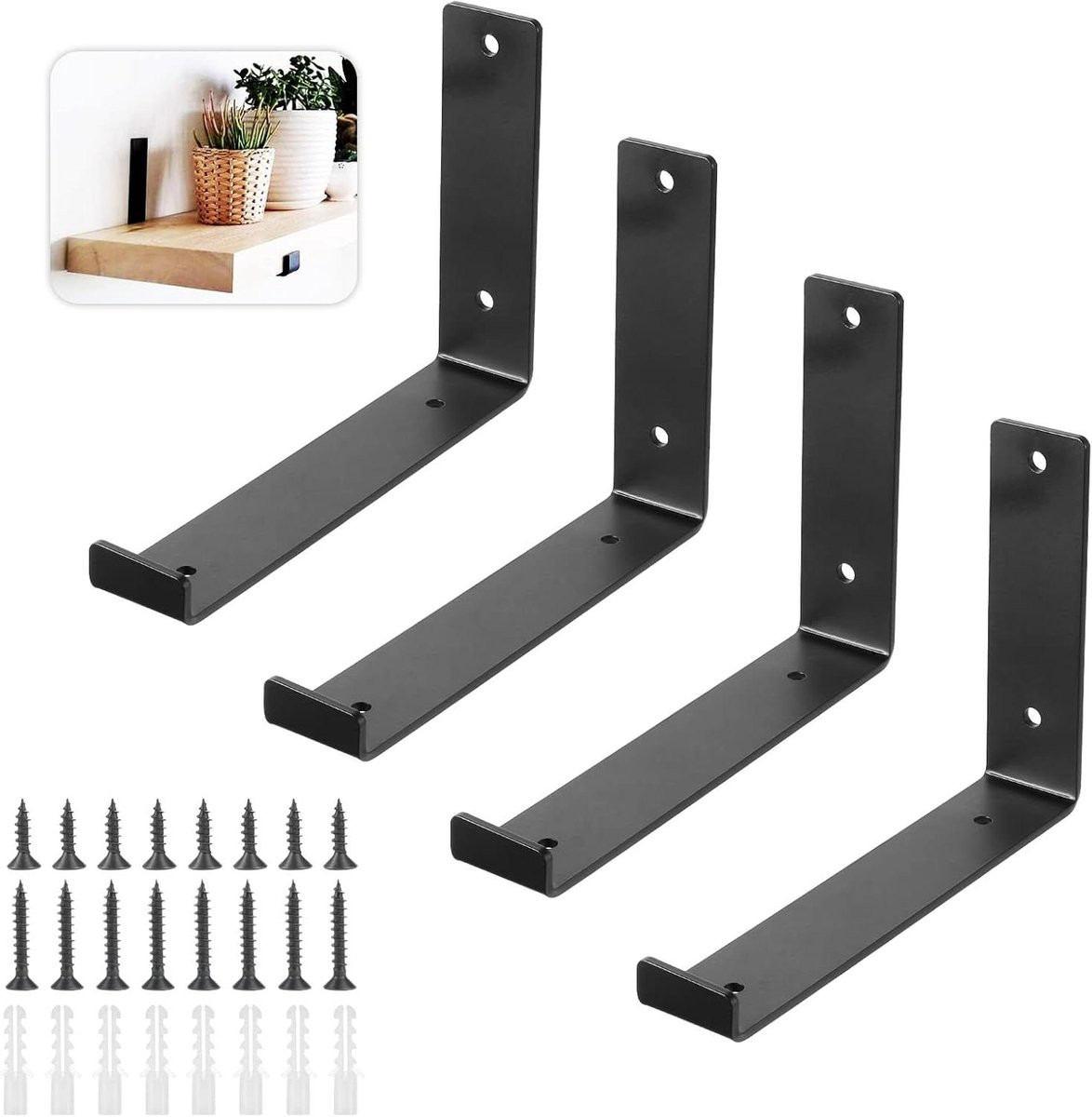 Set van 2 zwarte ijzeren plankhouders van 20 cm voor wandmontage