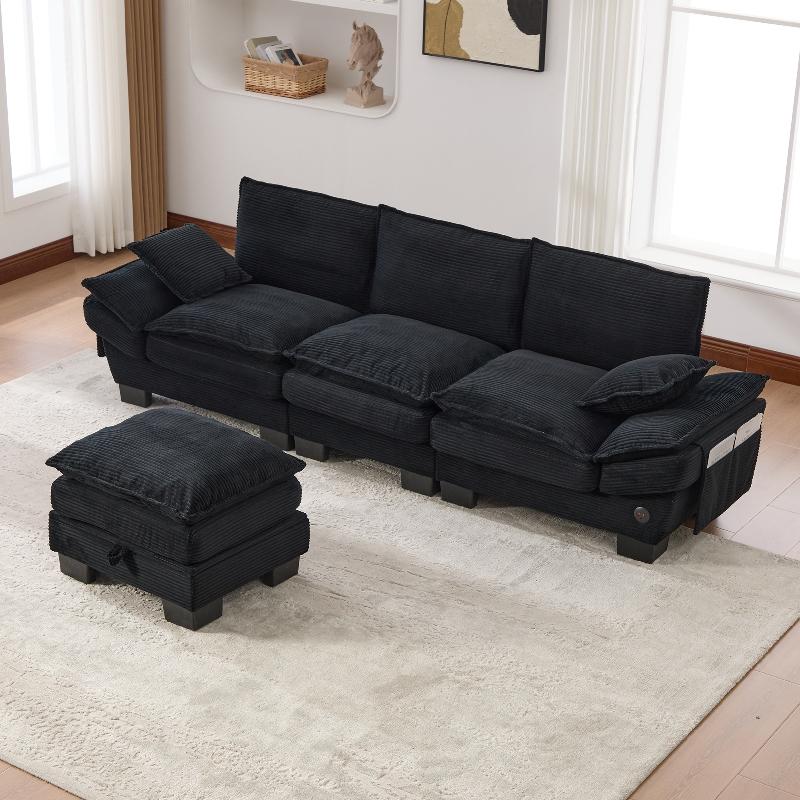 Modulares 3-Sitzer Cordsofa mit Hocker 260x132x84cm, schwarze Wohnlandschaft mit USB-C-Anschluss, Seitentaschen und Stauraumhocker