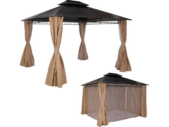 Hardtop Pergola HWC-M81, Pavillon, Aluminium Dachstreben 7cm-Stahlgestell mit Seitenwand und Moskitonetz 3,6x3m creme
