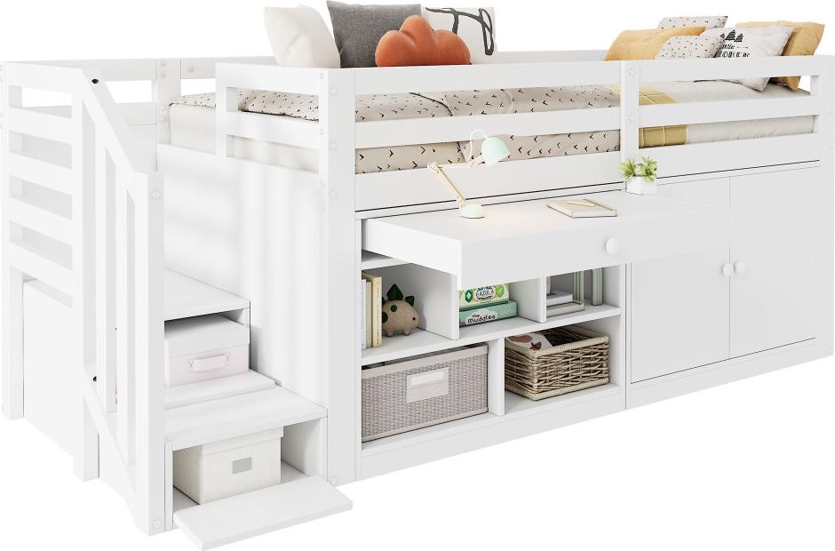 AIORBER Multifunktionales Kinderbett 90x200 aus Holz mit Treppe Stauraum Schubladen Schreibtisch Lattenrost ohne Matratze Kinderbett Weiß