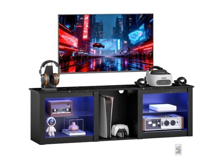 HOMCOM TV-Möbel mit LED-Beleuchtung für TV bis 70 Zoll 160 cm Schwarz TV-Schrank, verstellbare Glasböden, offene Fächer für Spielkonsolen, Wohnzimmer, Schlafzimmer
