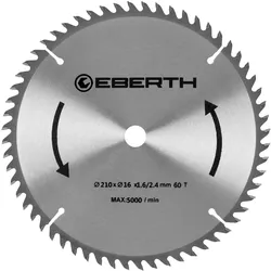 EBERTH Kreissägeblatt 210mm, 60 Zähne, Hartmetall, für Holz-Schnitte, 16mm Bohrung, 5000 RPM