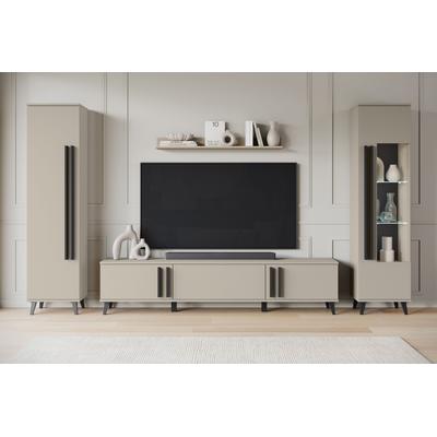 Wohnwand HOME AFFAIRE "Helsinki, Modernes Set mit verglaster Vitrine", braun (congo), B:260cm H:159,5cm T:33cm, Holzwerkstoff, Kastenmöbel-Sets, Wohnwand, mit lamellengriffen, verstellbaren Einlegeböden und Kunststofffüßen