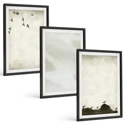 BILDER SET 3er Set - 40x60 cm Schwarzer Rahmen - Vögel, Steine, Pinselstriche, Verzierungen