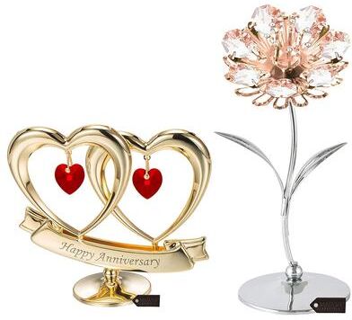 Matashi 24K Gold Plated Double Heart Happy Anniversary Banner Ornament w Sunflower Figurine Showpiece Best Gift for Anniversary