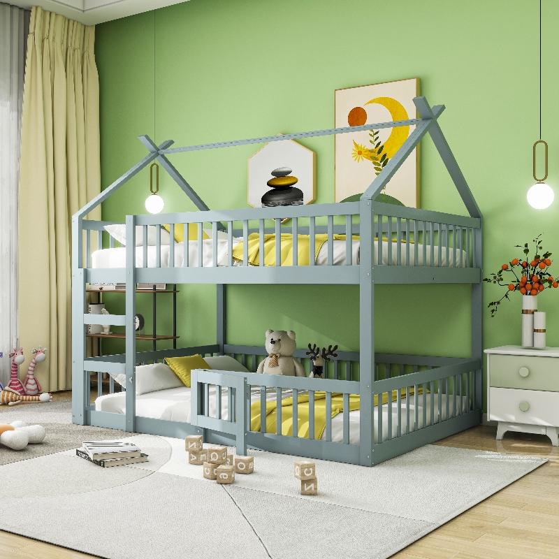 Kinder Etagenbett 140x200 aus Holz in Grau mit Treppe und hohem Schutzzaun, Hausbett-Design für Kinderzimmer