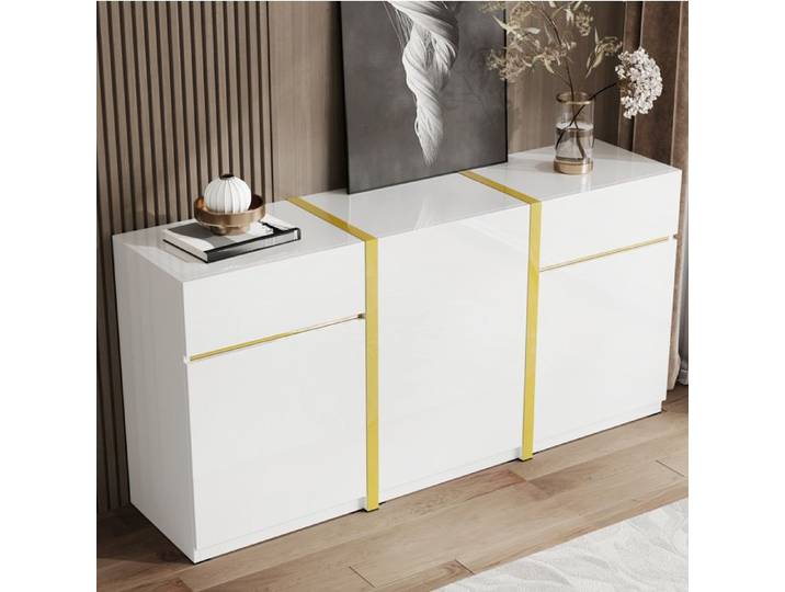 Buffet bas AESVAR blanc brillant et doré 160 cm 3 portes 2 tiroirs étagères réglables