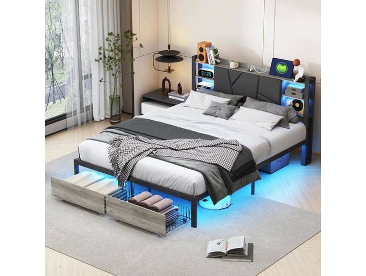Lit métal 140x200 sommier LED & USB éclairage LED sommier lattes rangement tête LED 2 tiroirs sans matelas Gris
